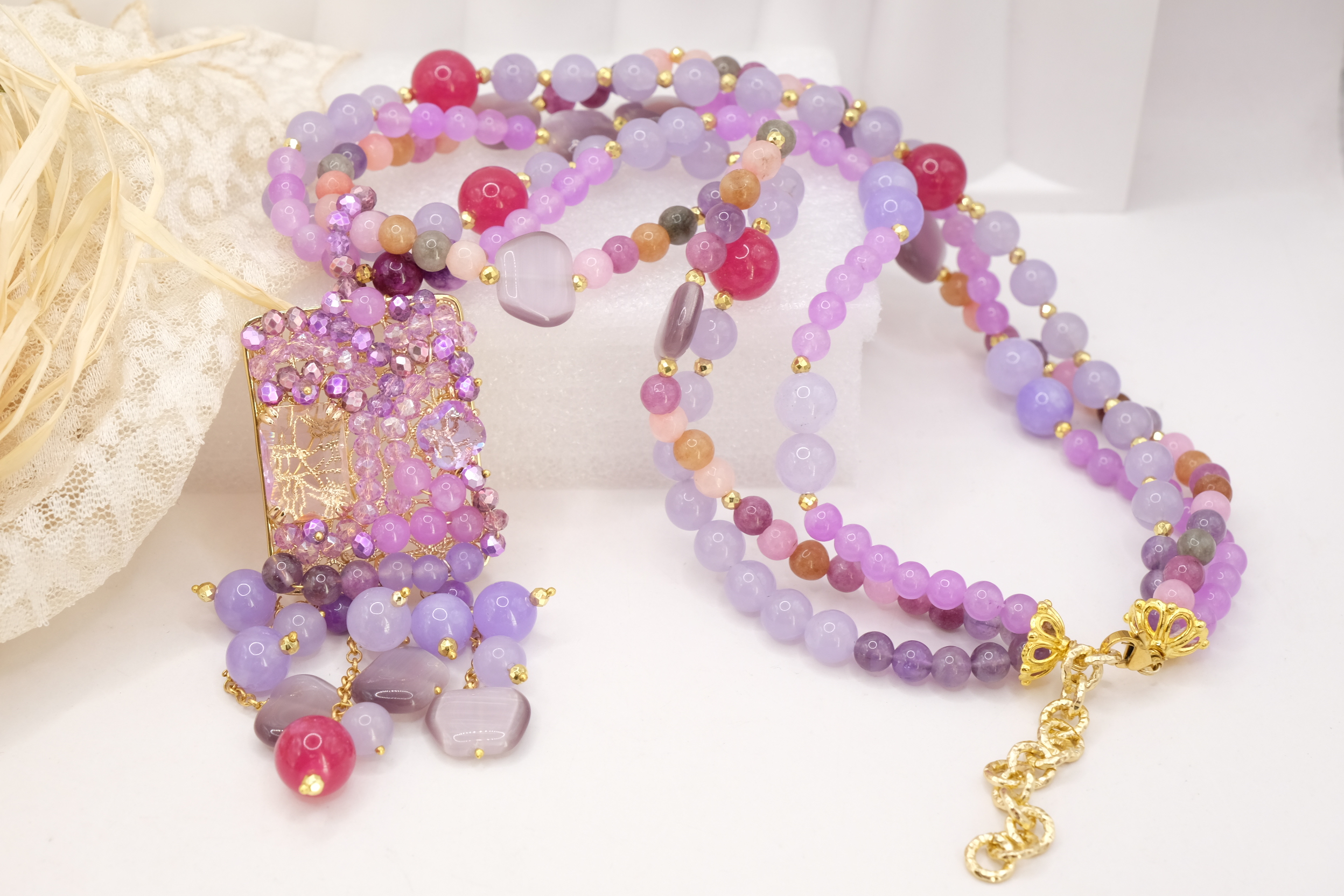 COLLANA ARTIGIANALE MULTIFILO AGATA GIADA LAVANDA OCCHIO DI GATTO CRISTALLI LILLA LAVANDA (2)