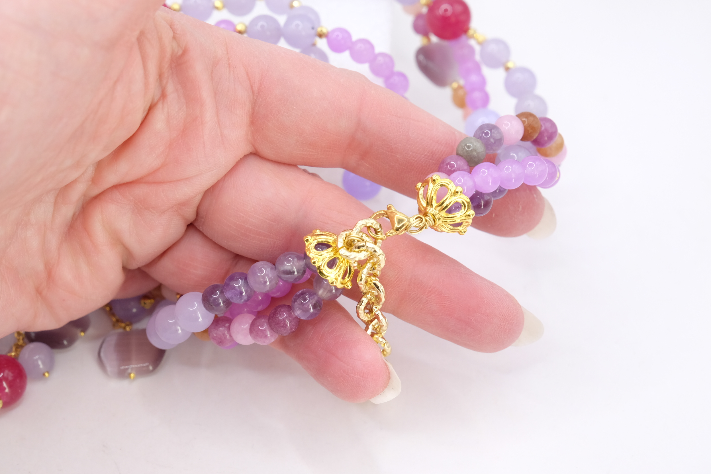 COLLANA ARTIGIANALE MULTIFILO AGATA GIADA LAVANDA OCCHIO DI GATTO CRISTALLI LILLA LAVANDA (3)