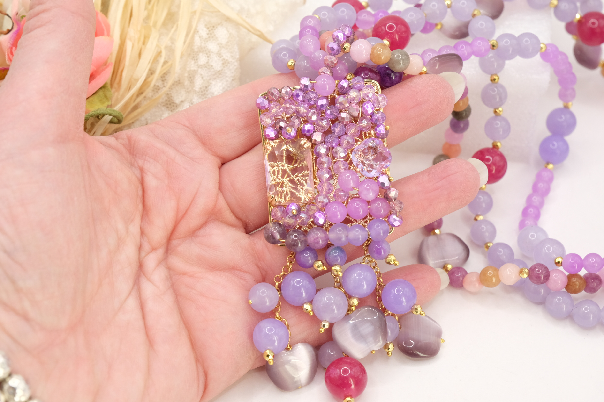 COLLANA ARTIGIANALE MULTIFILO AGATA GIADA LAVANDA OCCHIO DI GATTO CRISTALLI LILLA LAVANDA (4)