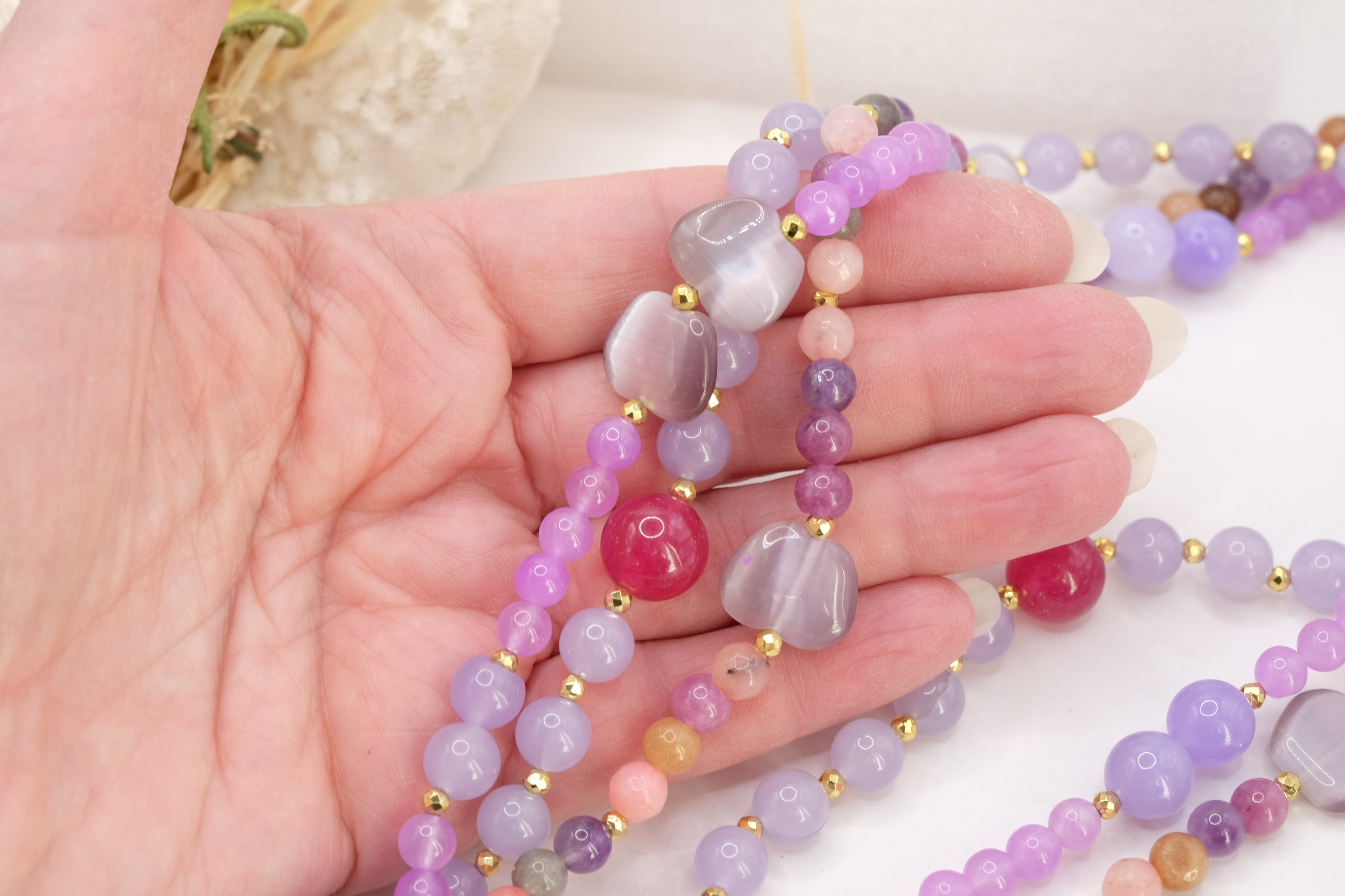 COLLANA ARTIGIANALE MULTIFILO AGATA GIADA LAVANDA OCCHIO DI GATTO CRISTALLI LILLA LAVANDA (5)