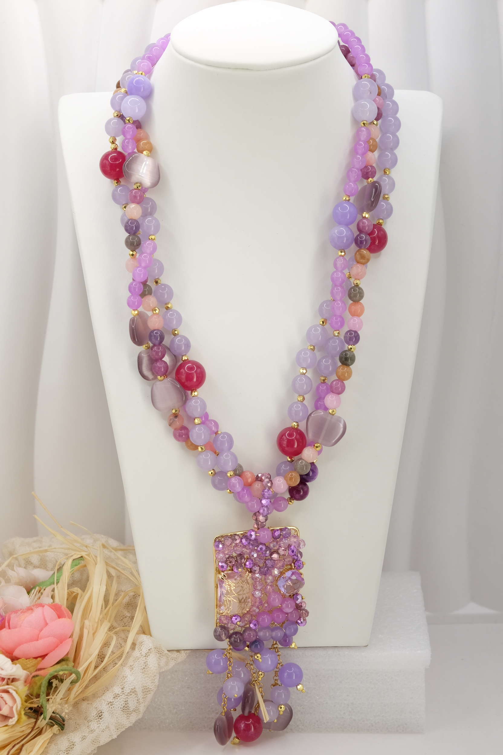 COLLANA ARTIGIANALE MULTIFILO AGATA GIADA LAVANDA OCCHIO DI GATTO CRISTALLI LILLA LAVANDA (6)