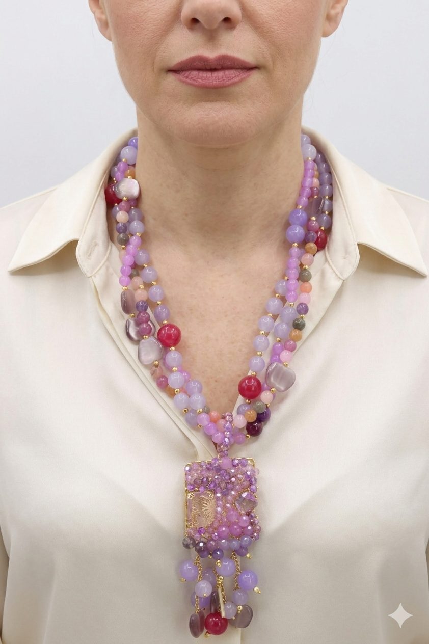 COLLANA ARTIGIANALE MULTIFILO AGATA GIADA LAVANDA OCCHIO DI GATTO CRISTALLI LILLA LAVANDA