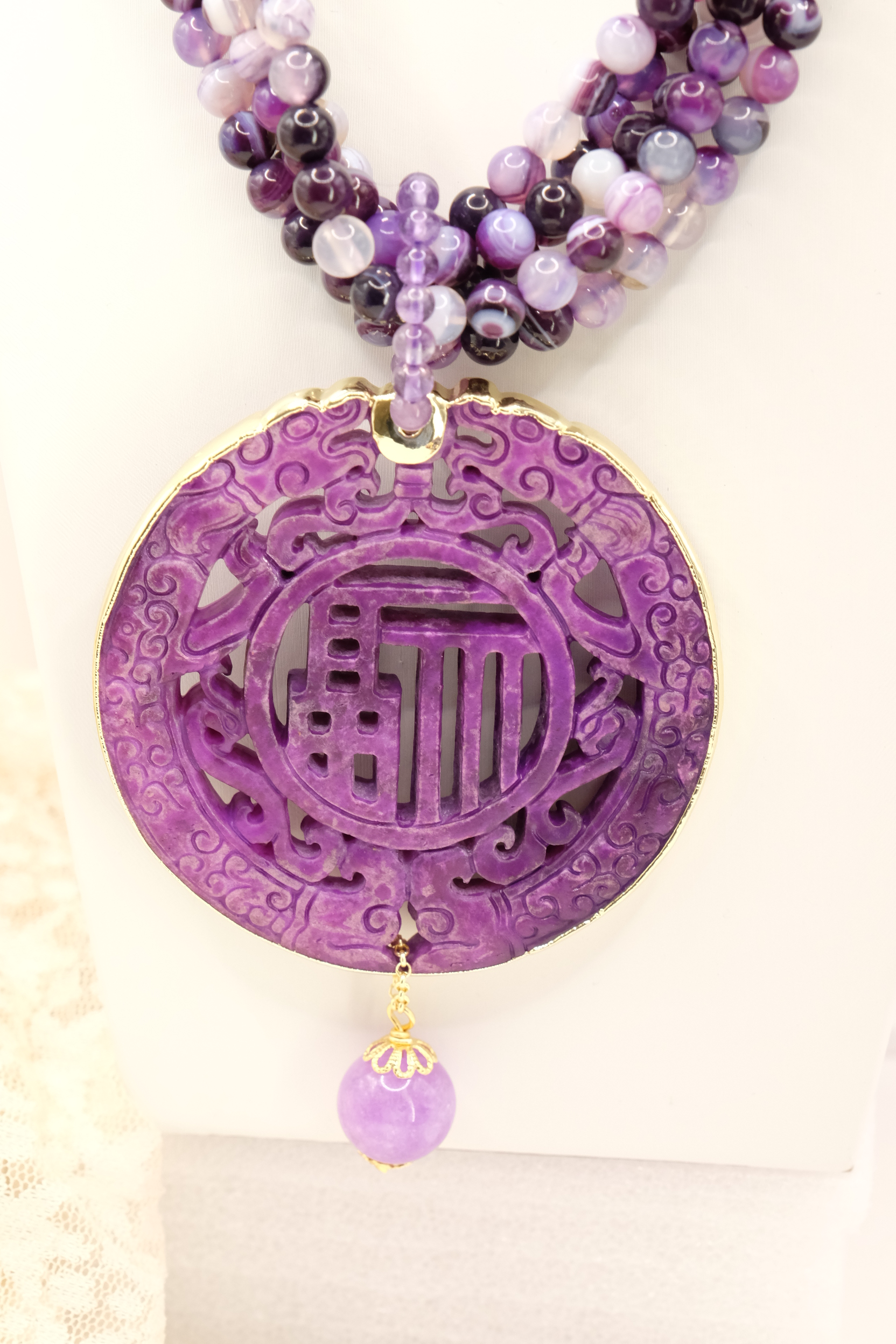 COLLANA ARTIGIANALE MULTIFILO GIADA AGATA AMETISTA MANDALA (1)