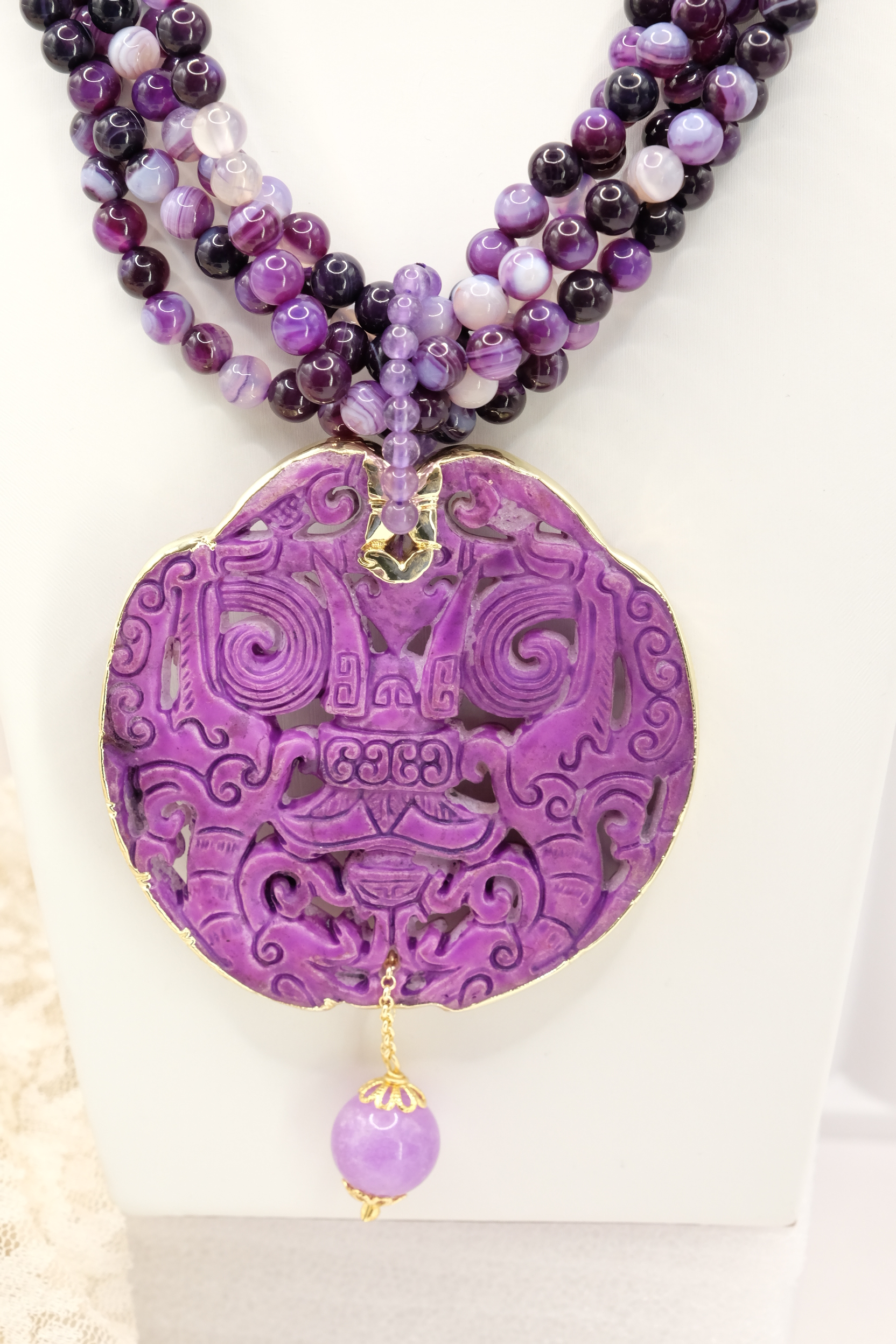 COLLANA ARTIGIANALE MULTIFILO GIADA AGATA AMETISTA MANDALA (2)