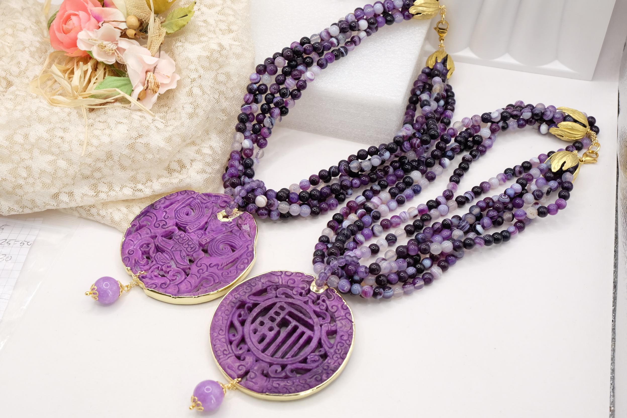 COLLANA ARTIGIANALE MULTIFILO GIADA AGATA AMETISTA MANDALA (3)