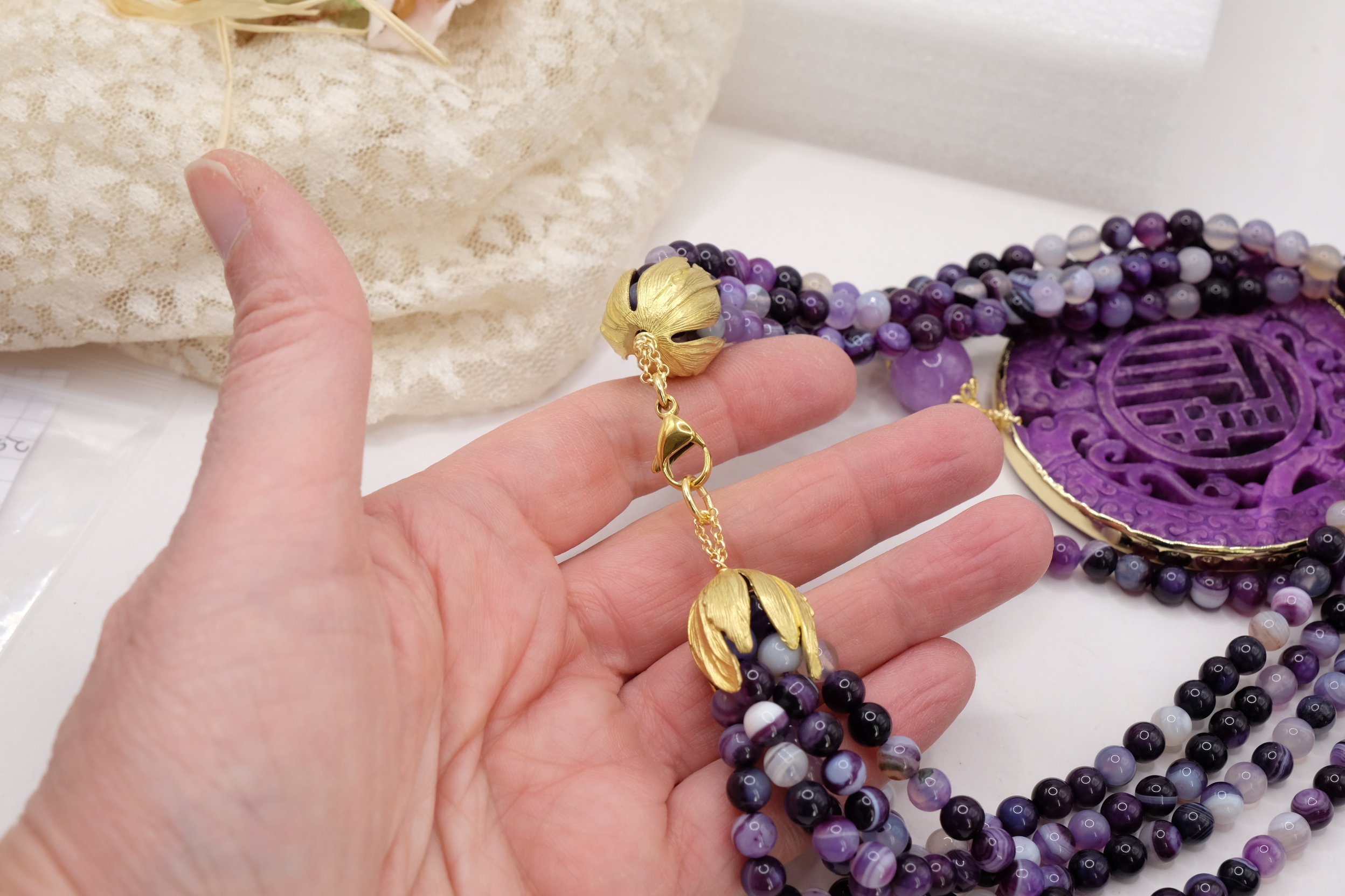 COLLANA ARTIGIANALE MULTIFILO GIADA AGATA AMETISTA MANDALA (4)