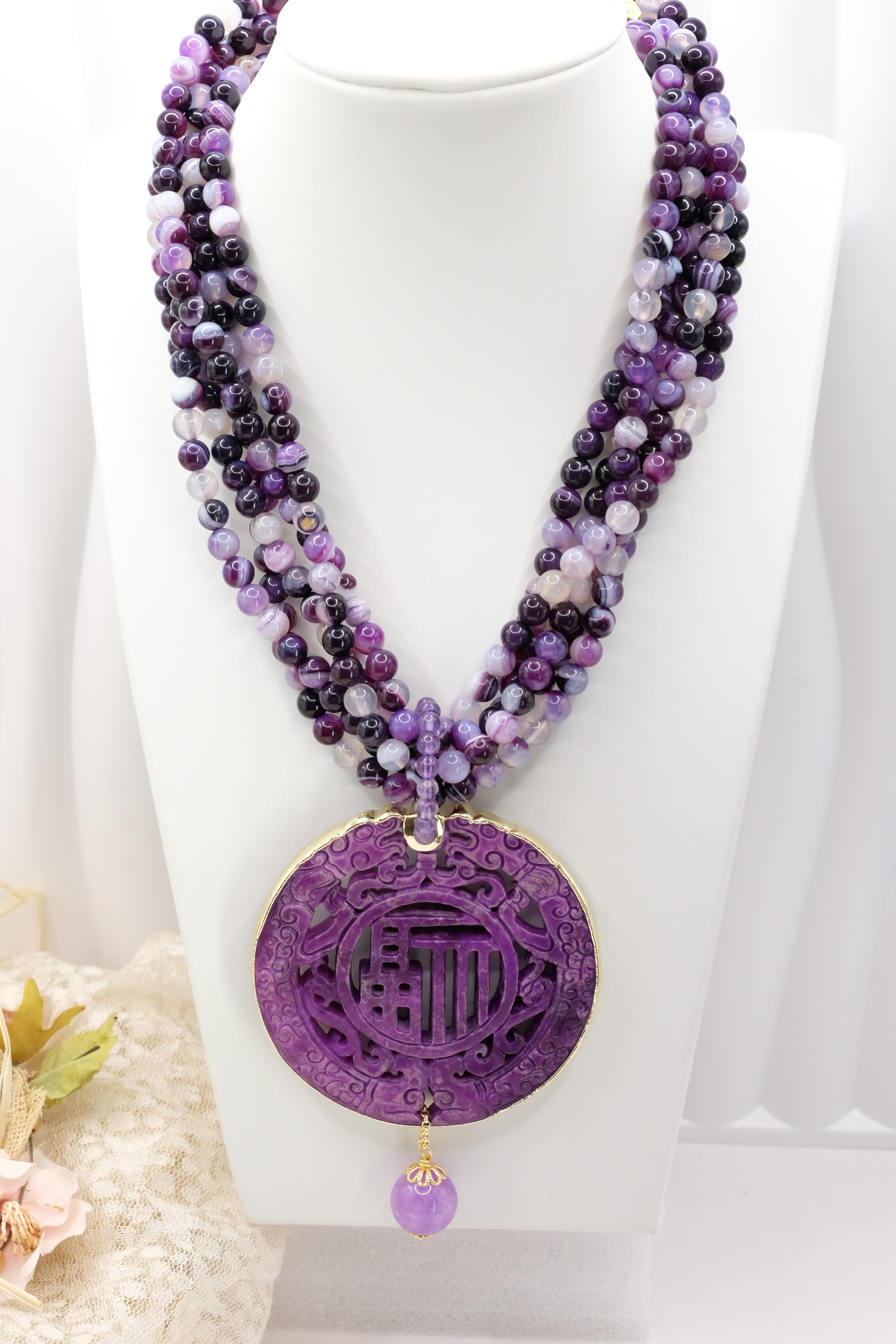 COLLANA ARTIGIANALE MULTIFILO GIADA AGATA AMETISTA MANDALA (5)