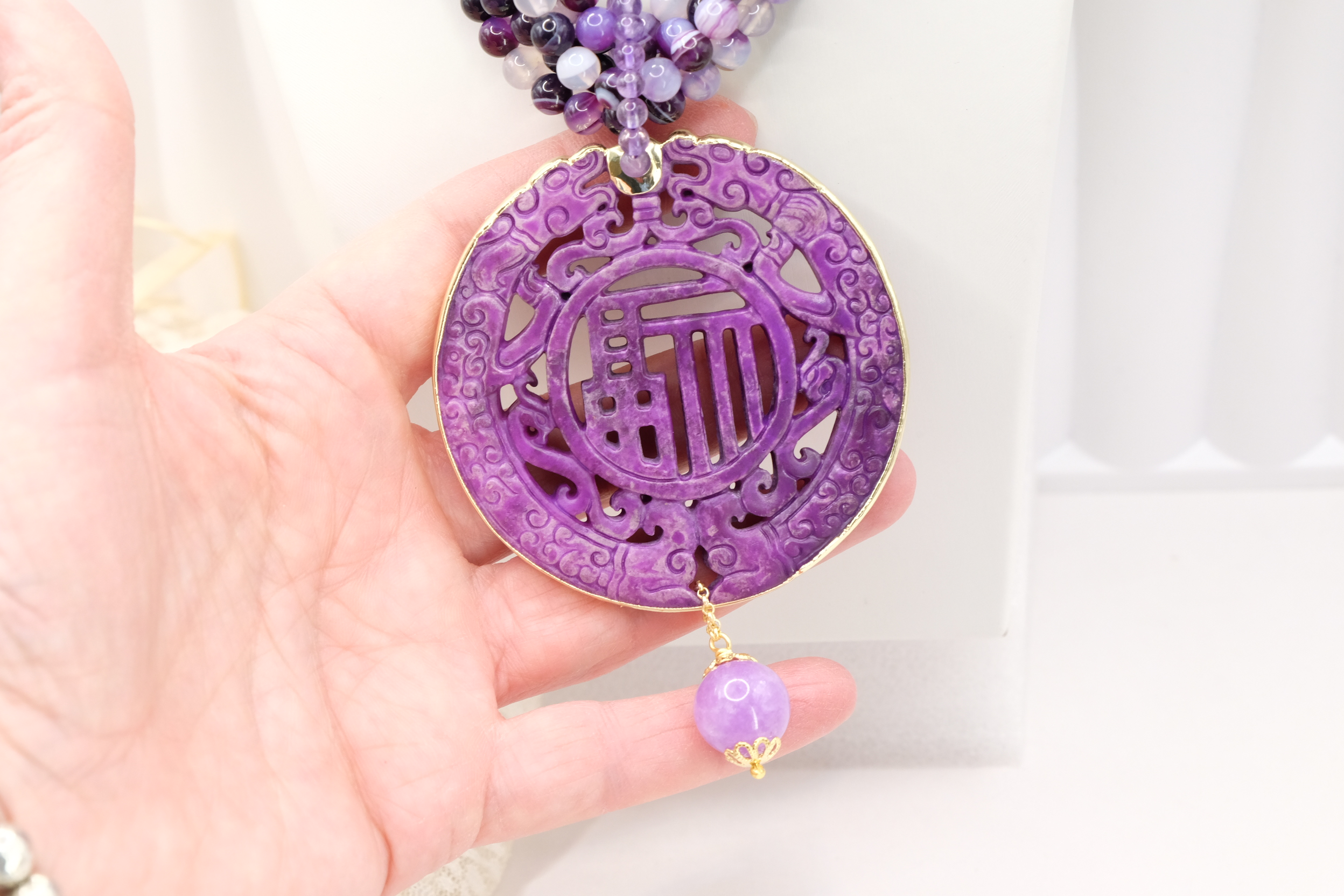 COLLANA ARTIGIANALE MULTIFILO GIADA AGATA AMETISTA MANDALA (6)