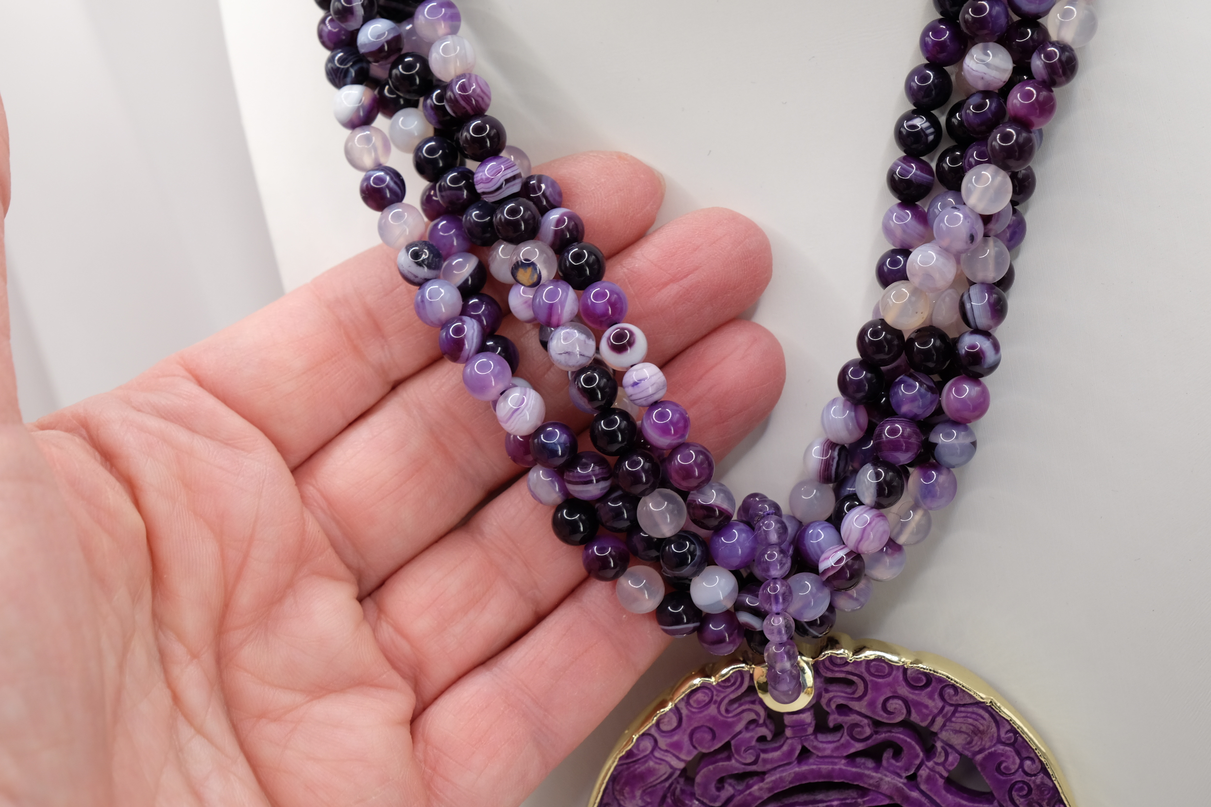 COLLANA ARTIGIANALE MULTIFILO GIADA AGATA AMETISTA MANDALA (7)