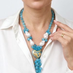 Collana Décolleté Cuore Ceramica Occhio di Gatto Azzurro Perle