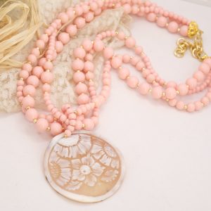 Collana Multifilo Pasta di Corallo Rosa Cammeo di Torre del Greco