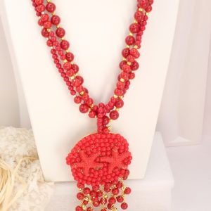Collana Multifilo Pasta di Corallo Rosso Intenso Stelle Marine
