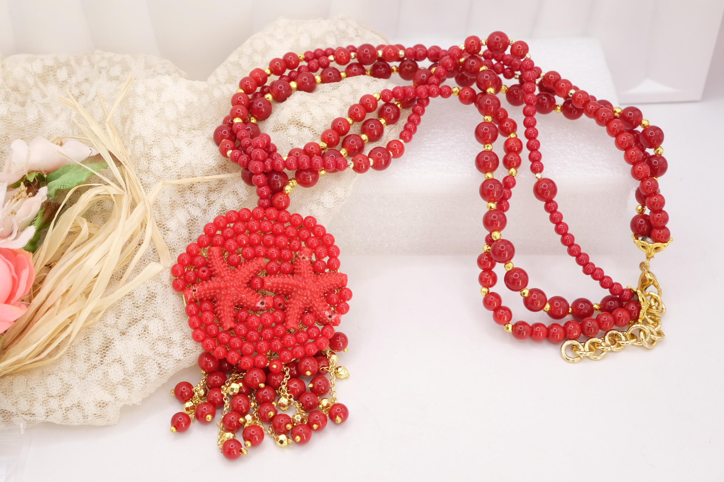 COLLANA ARTIGIANALE PASTA DI CORALLO STELLE MARINE ROSSO (3)