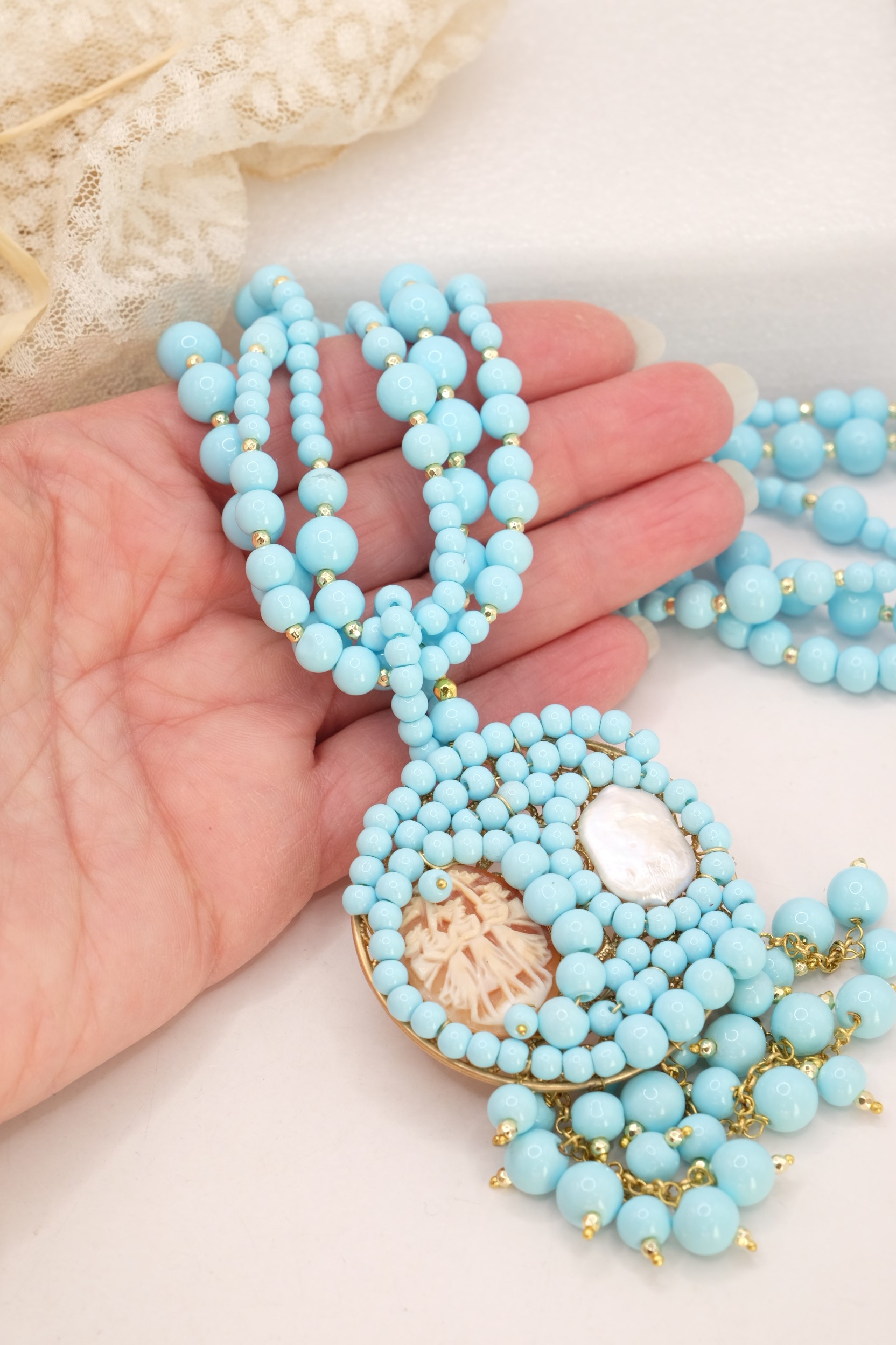 COLLANA ARTIGIANALE PASTA DI TURCHESE CAMMEO PERLA MULTIFILO (1)