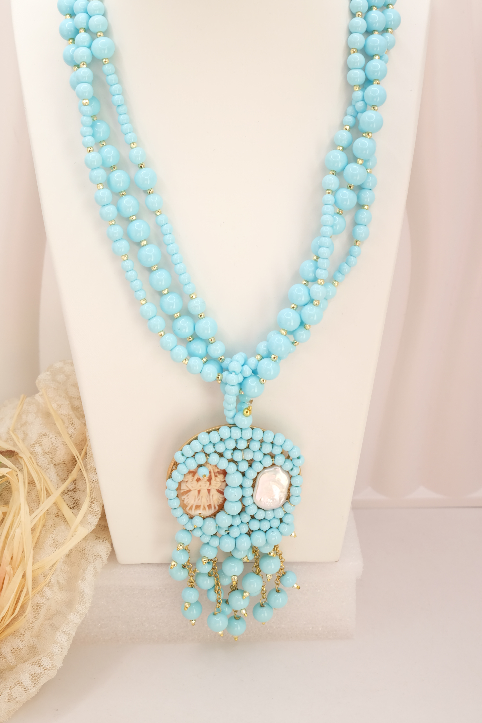 COLLANA ARTIGIANALE PASTA DI TURCHESE CAMMEO PERLA MULTIFILO (2)