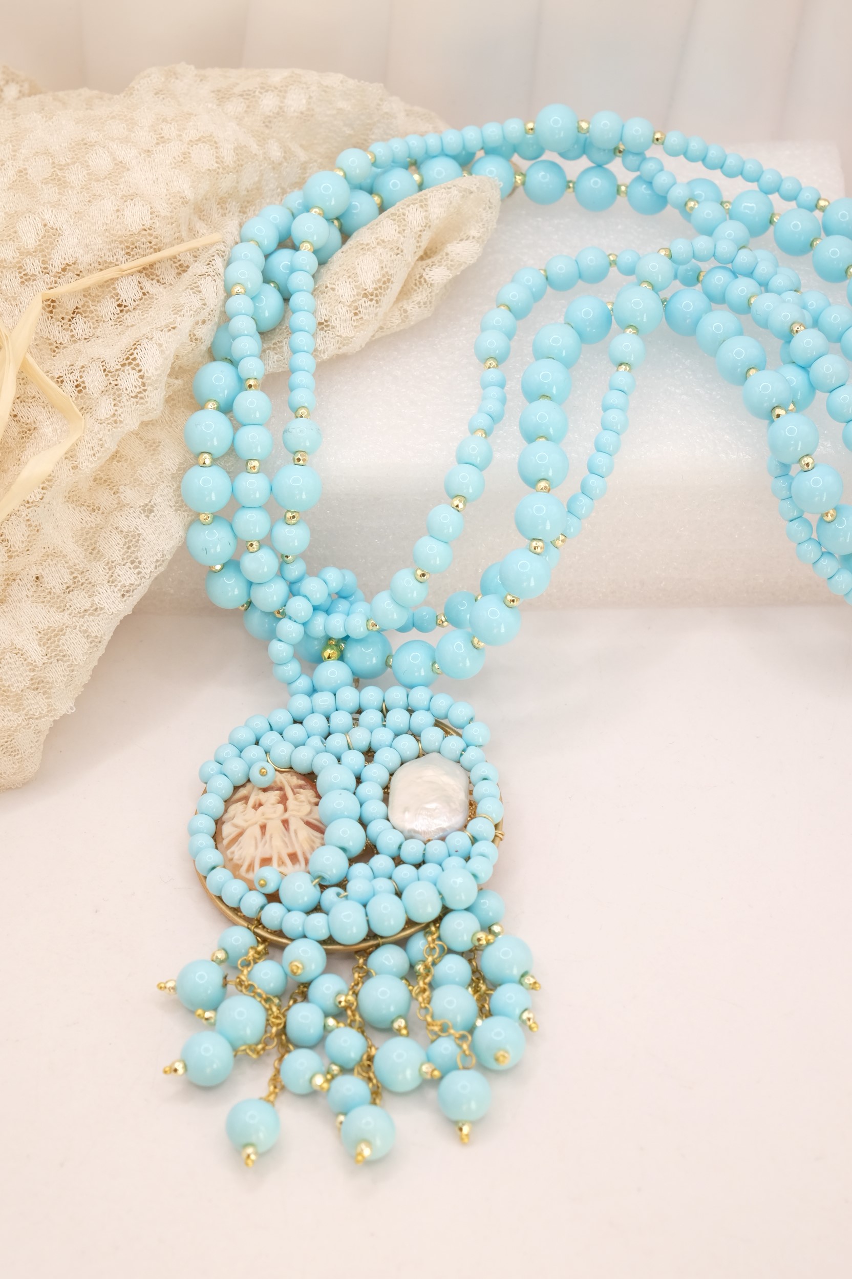 COLLANA ARTIGIANALE PASTA DI TURCHESE CAMMEO PERLA MULTIFILO (4)