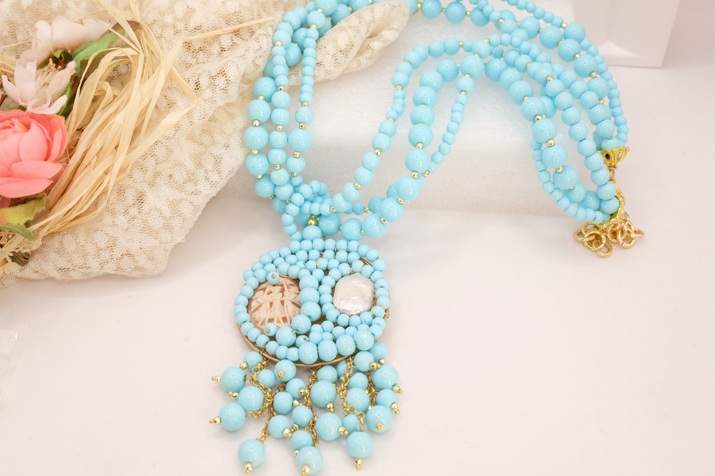 COLLANA ARTIGIANALE PASTA DI TURCHESE CAMMEO PERLA MULTIFILO (5)