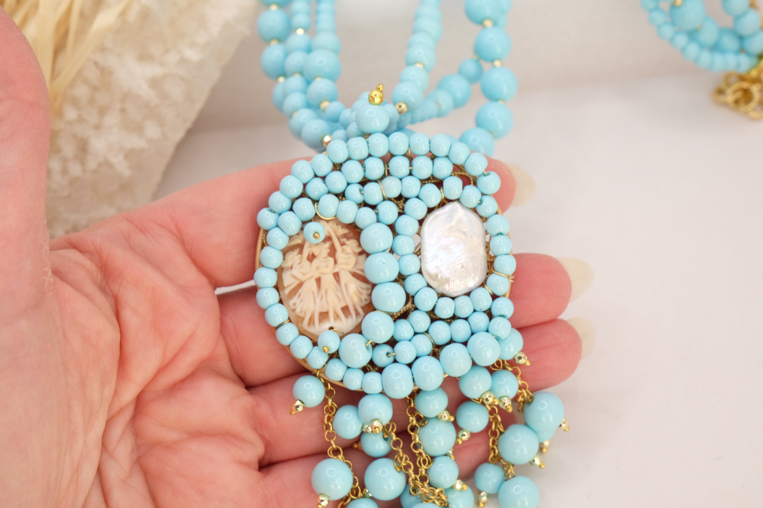 COLLANA ARTIGIANALE PASTA DI TURCHESE CAMMEO PERLA MULTIFILO (6)