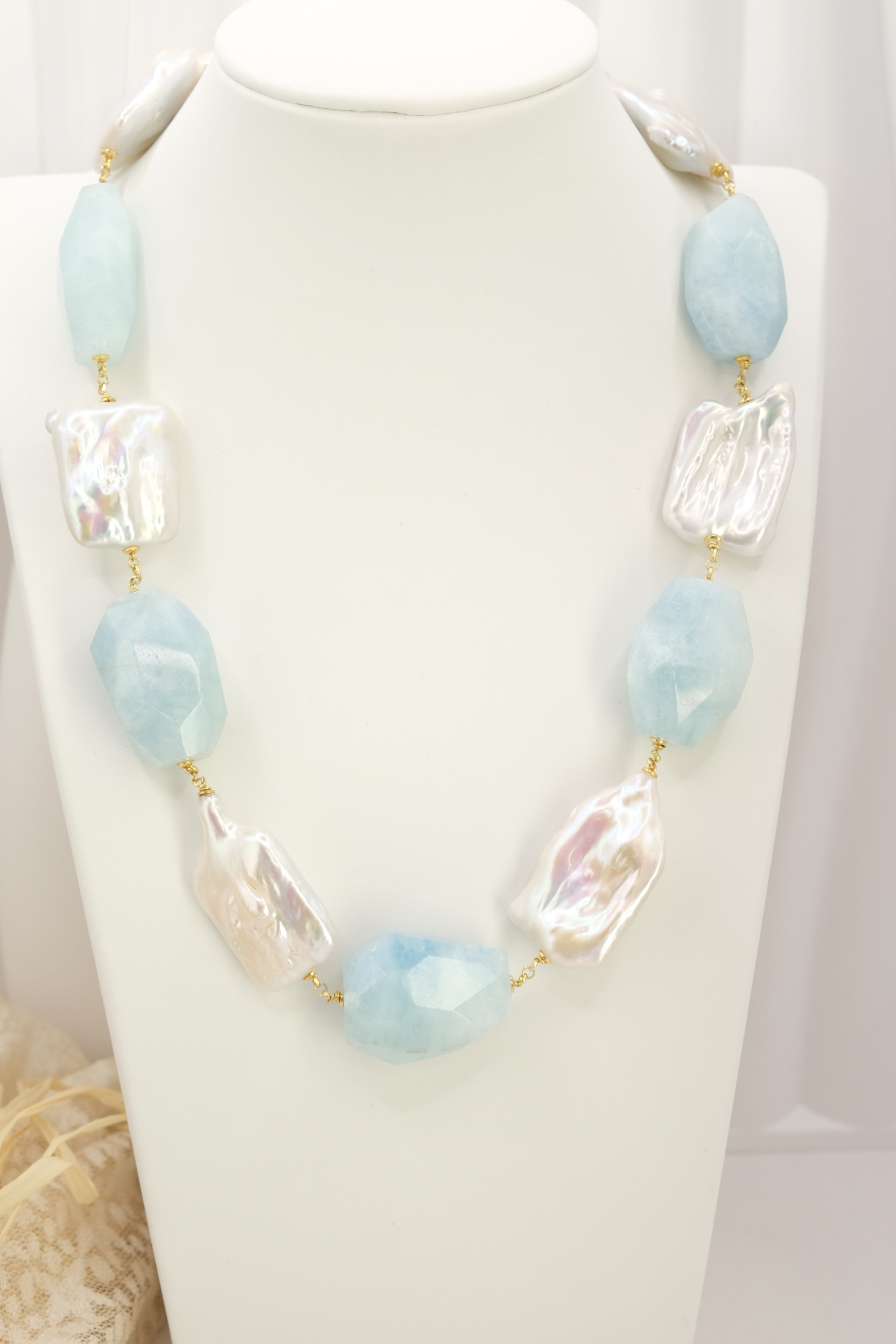 COLLANA ARTIGIANALE PERLE NATURALI ACQUAMARINA ARGENTO 925 PLACCATO ORO (2)