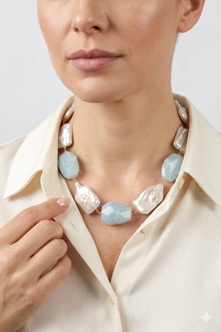 COLLANA ARTIGIANALE PERLE NATURALI ACQUAMARINA ARGENTO 925 PLACCATO ORO (3)