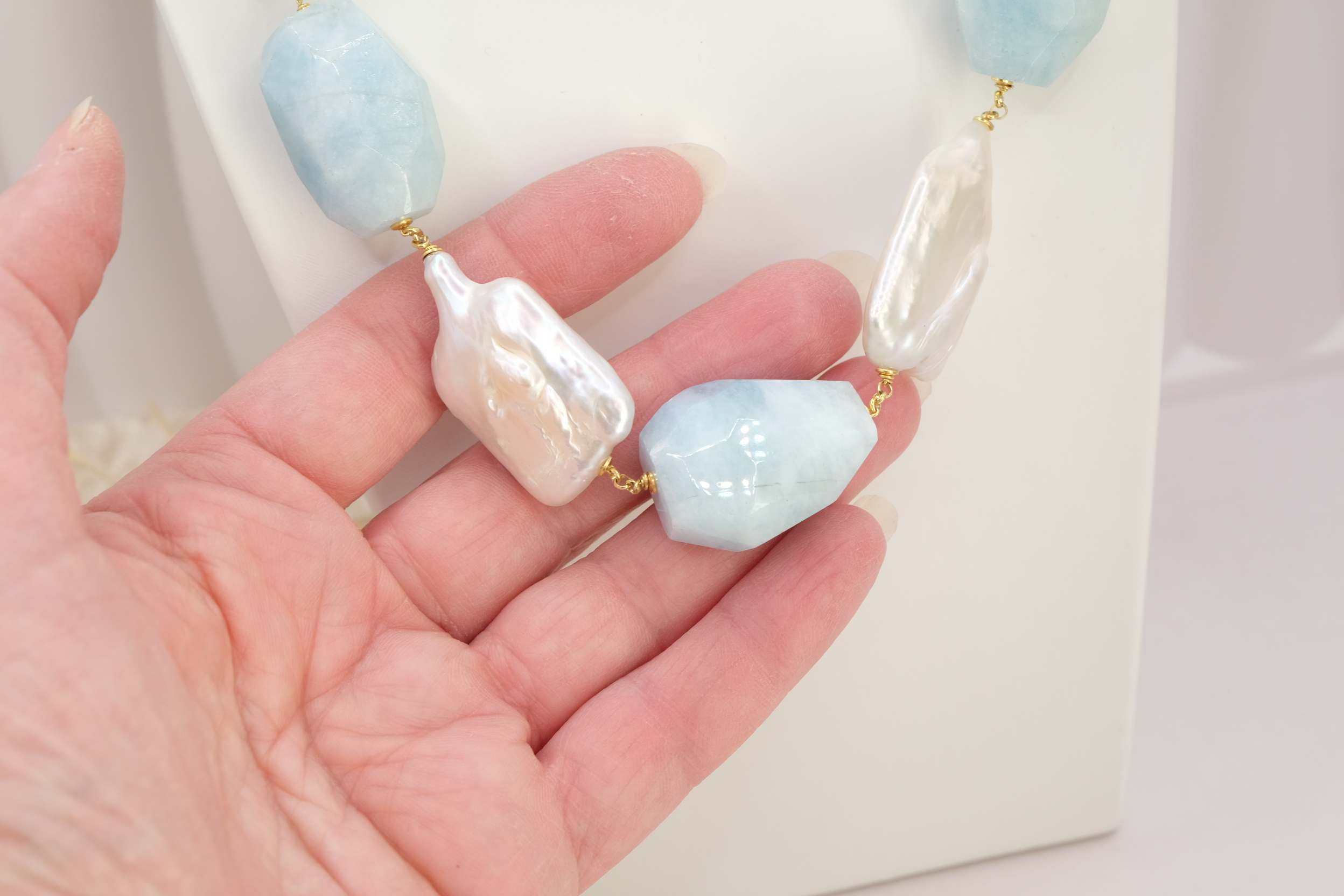 COLLANA ARTIGIANALE PERLE NATURALI ACQUAMARINA ARGENTO 925 PLACCATO ORO (3)