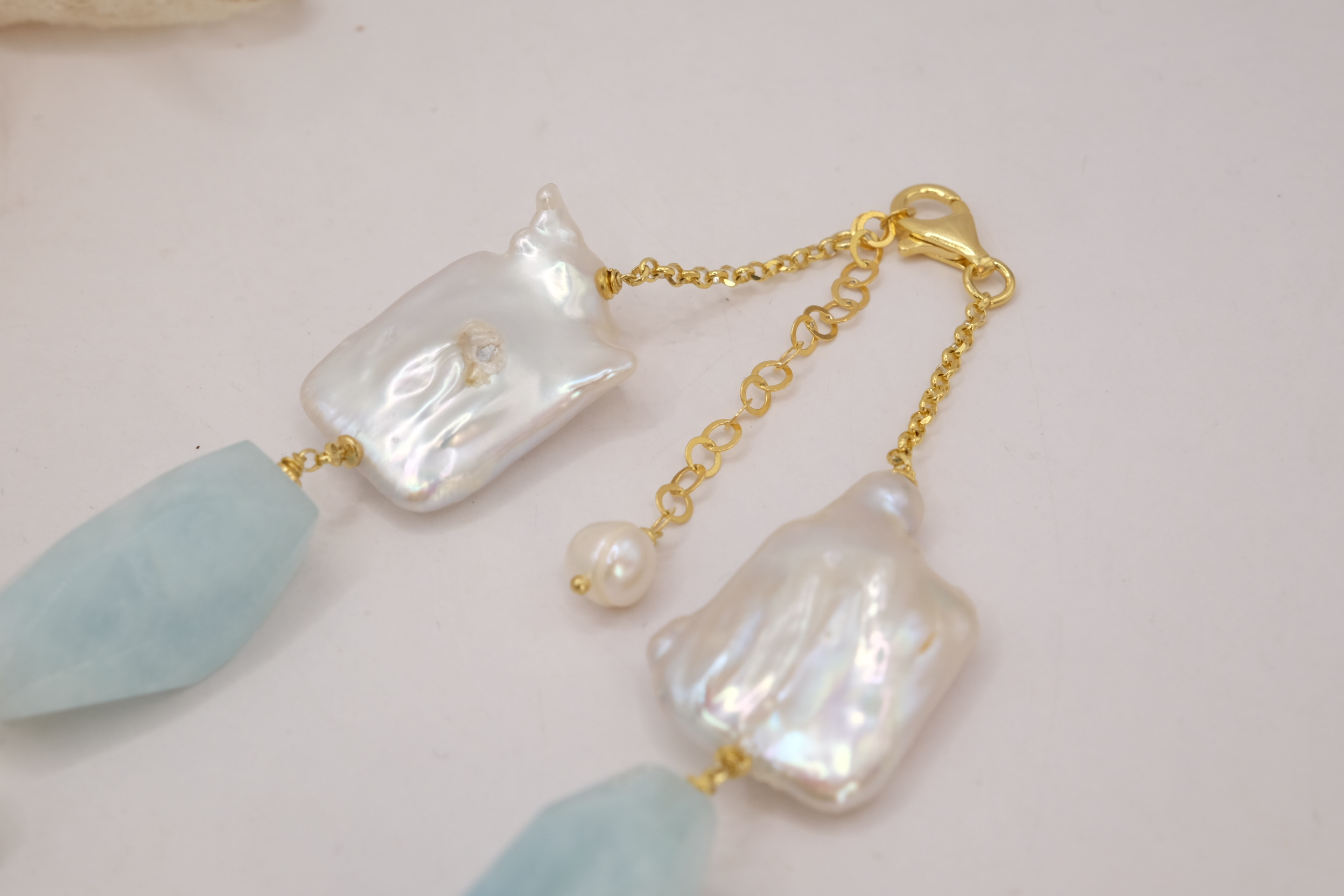 COLLANA ARTIGIANALE PERLE NATURALI ACQUAMARINA ARGENTO 925 PLACCATO ORO (4)