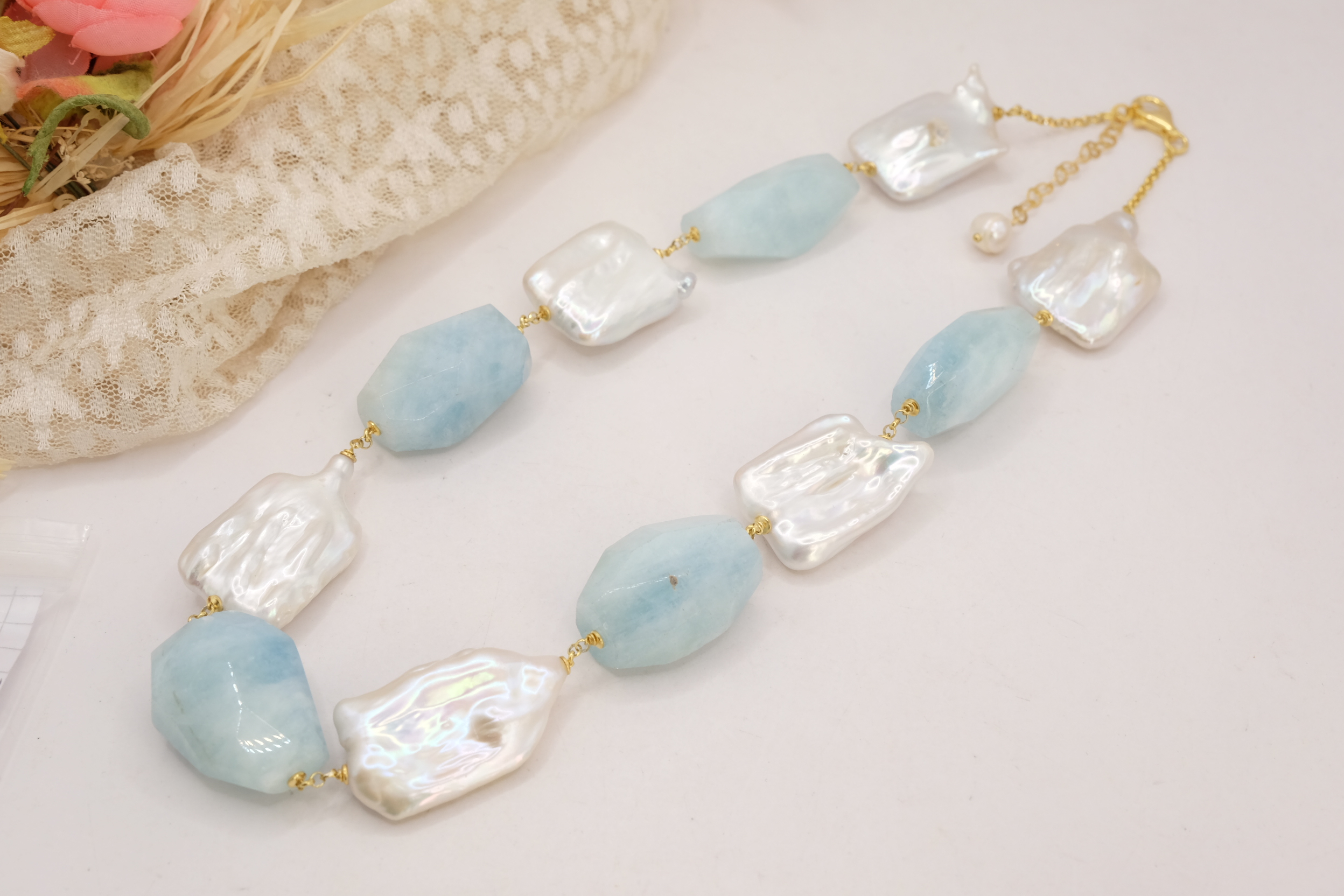 COLLANA ARTIGIANALE PERLE NATURALI ACQUAMARINA ARGENTO 925 PLACCATO ORO (5)