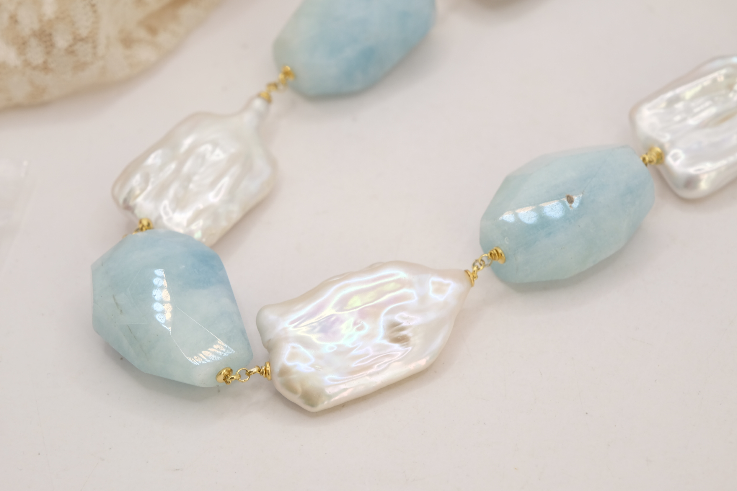 COLLANA ARTIGIANALE PERLE NATURALI ACQUAMARINA ARGENTO 925 PLACCATO ORO (6)