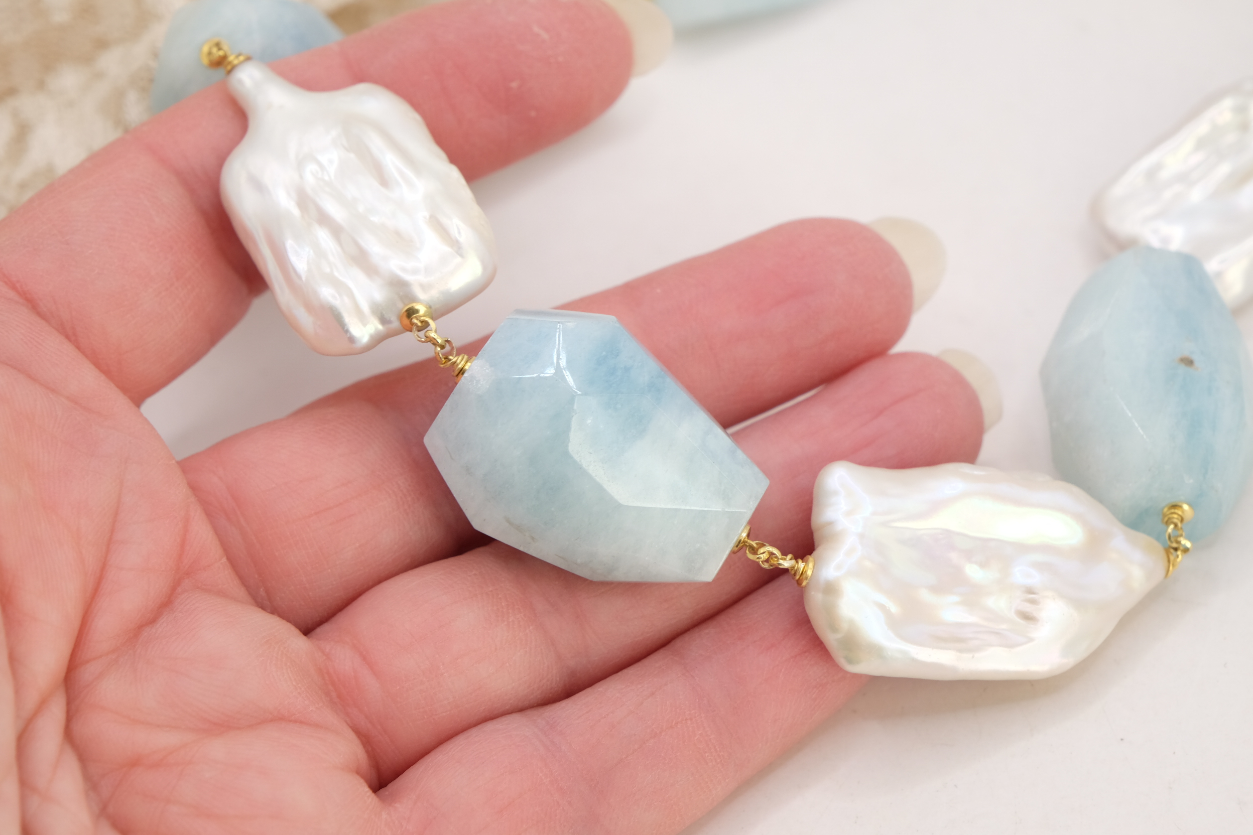 COLLANA ARTIGIANALE PERLE NATURALI ACQUAMARINA ARGENTO 925 PLACCATO ORO (7)