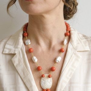 Collana Pasta di Corallo Perle Cammeo di Torre del Greco Lunga