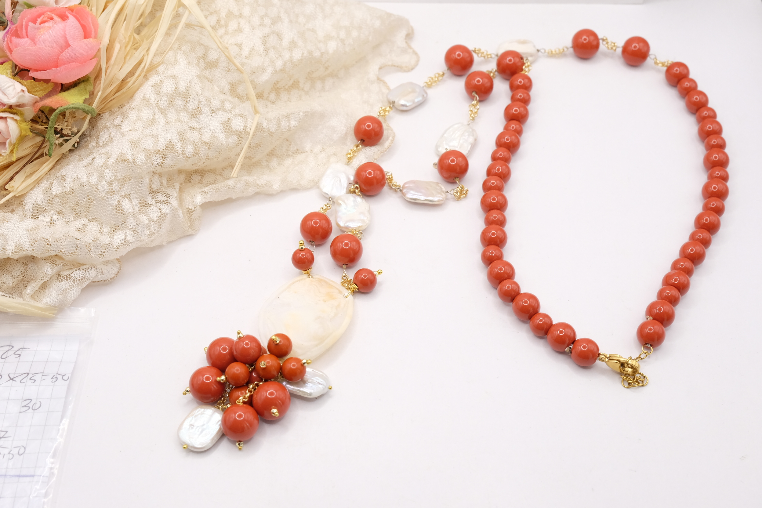 COLLANA LUNGA PASTA DI CORALLO E CAMMEO DI TORRE DEL GRECO ARTIGIANALE E PERLE (4)