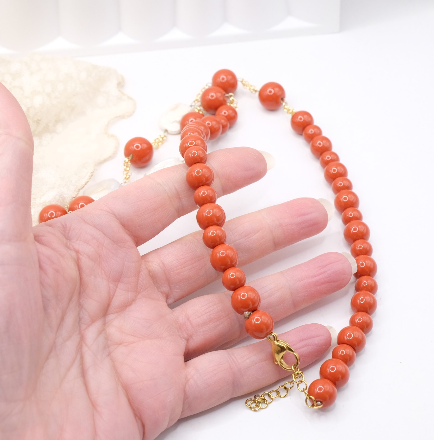 COLLANA LUNGA PASTA DI CORALLO E CAMMEO DI TORRE DEL GRECO ARTIGIANALE E PERLE (7)