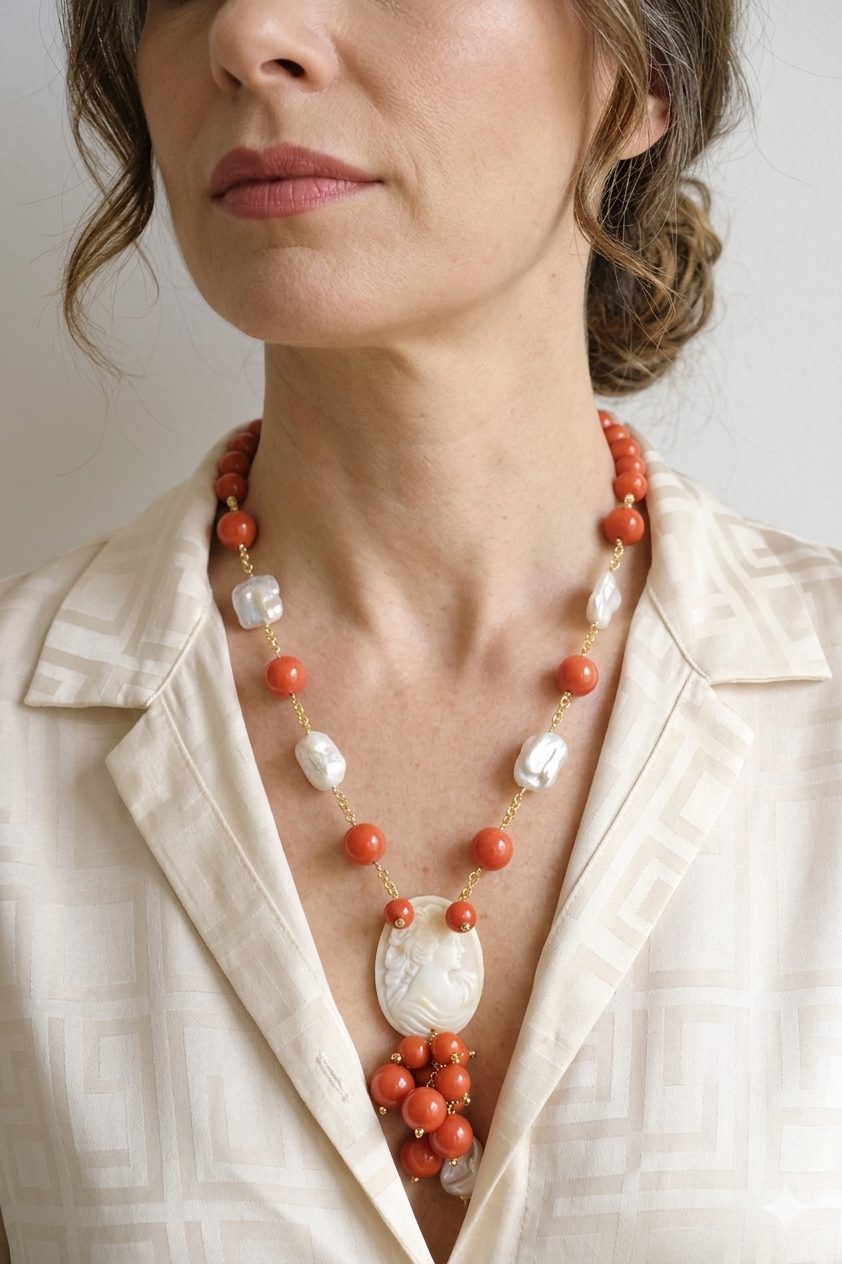 COLLANA LUNGA PASTA DI CORALLO E CAMMEO DI TORRE DEL GRECO ARTIGIANALE E PERLE