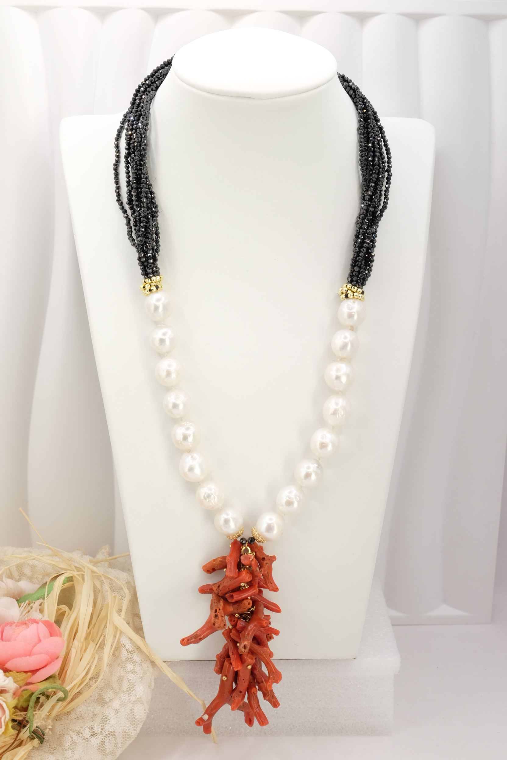 COLLANA MULTIFILO ARTIGIANALE CORALLO PERLE ZIRCONI NERI ARGENTO (3)