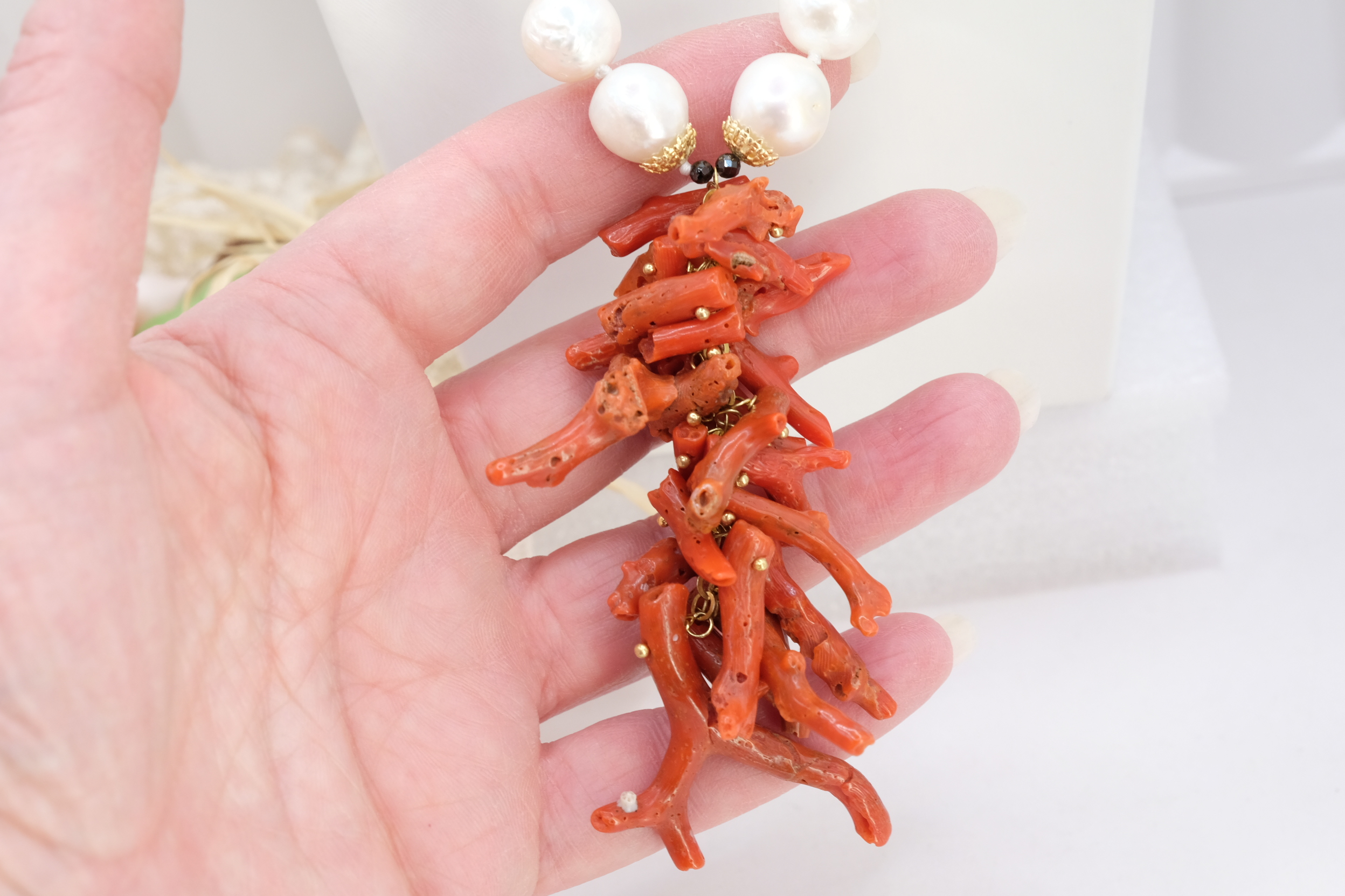 COLLANA MULTIFILO ARTIGIANALE CORALLO PERLE ZIRCONI NERI ARGENTO (5)