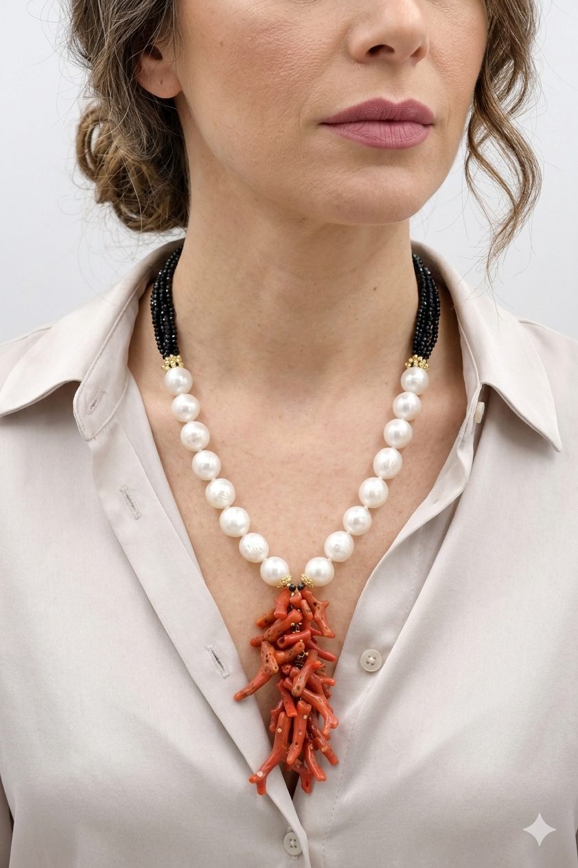 COLLANA MULTIFILO ARTIGIANALE CORALLO PERLE ZIRCONI NERI ARGENTO