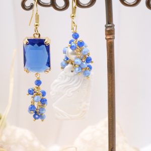 Orecchini Cammeo Sardonico Torre del Greco Dama Cristalli Blu Ottone