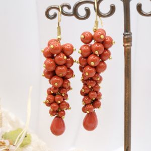 Orecchini Artigianali Grappolo Pasta di Corallo Ottone Grappolo