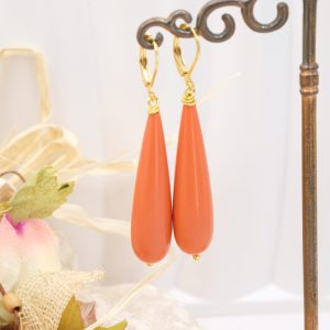 Orecchini Goccia Lunga Pasta di Corallo Salmone Acciaio