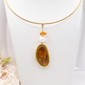 Ciondolo Ambra Cammeo Genuino di Torre del Greco Perle Argento