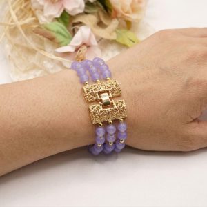 Bracciale con Giada Lavanda 3 Fili Chiusura Filigranata