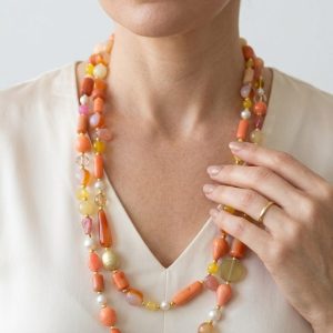 Collana Décolleté 2 Fili Perle Corallo Giade Arancione