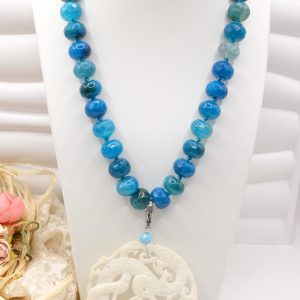 Collana Agata Variegata Blu Mandala Giada Bianco
