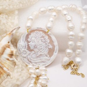 Collana Perle Naturali Barocche Cammeo di Torre del Greco a Y Dama