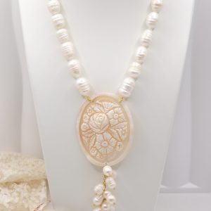 Collana Perle Naturali Barocche Cammeo di Torre del Greco a Y Fiori