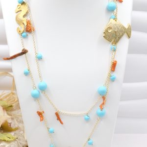 Collana Charleston Chanel Pasta di Turchese Corallo Pesce Cavalluccio Stella