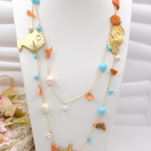 Collana Charleston Chanel Pasta di Turchese Perle Corallo Pesce Cavalluccio Stella