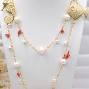 Collana Charleston Chanel Perle Corallo Rosso Pesce Cavalluccio Stella