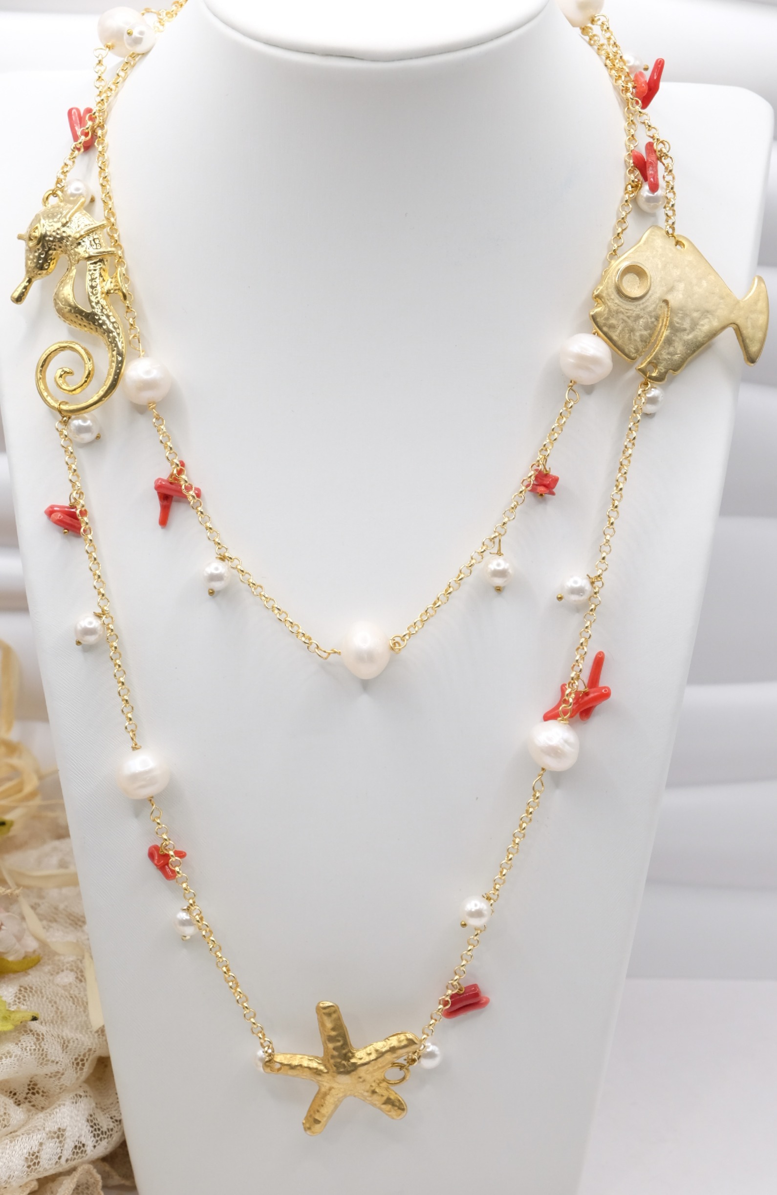 COLLANA ARTIGIANALE CHARLESTON PERLE ,CORALLO PESCE CAVALLUCCIO STELLA MARINA (2)
