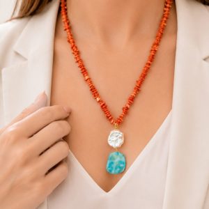 Collana Corallo Mediterraneo Perla Naturale Turchese Afgano Argento
